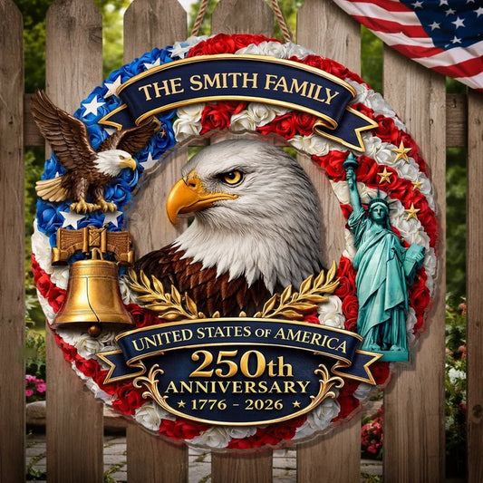 Personalized USA 250th Anniversary Eagle Wreath Door Hanger (1776–2026)