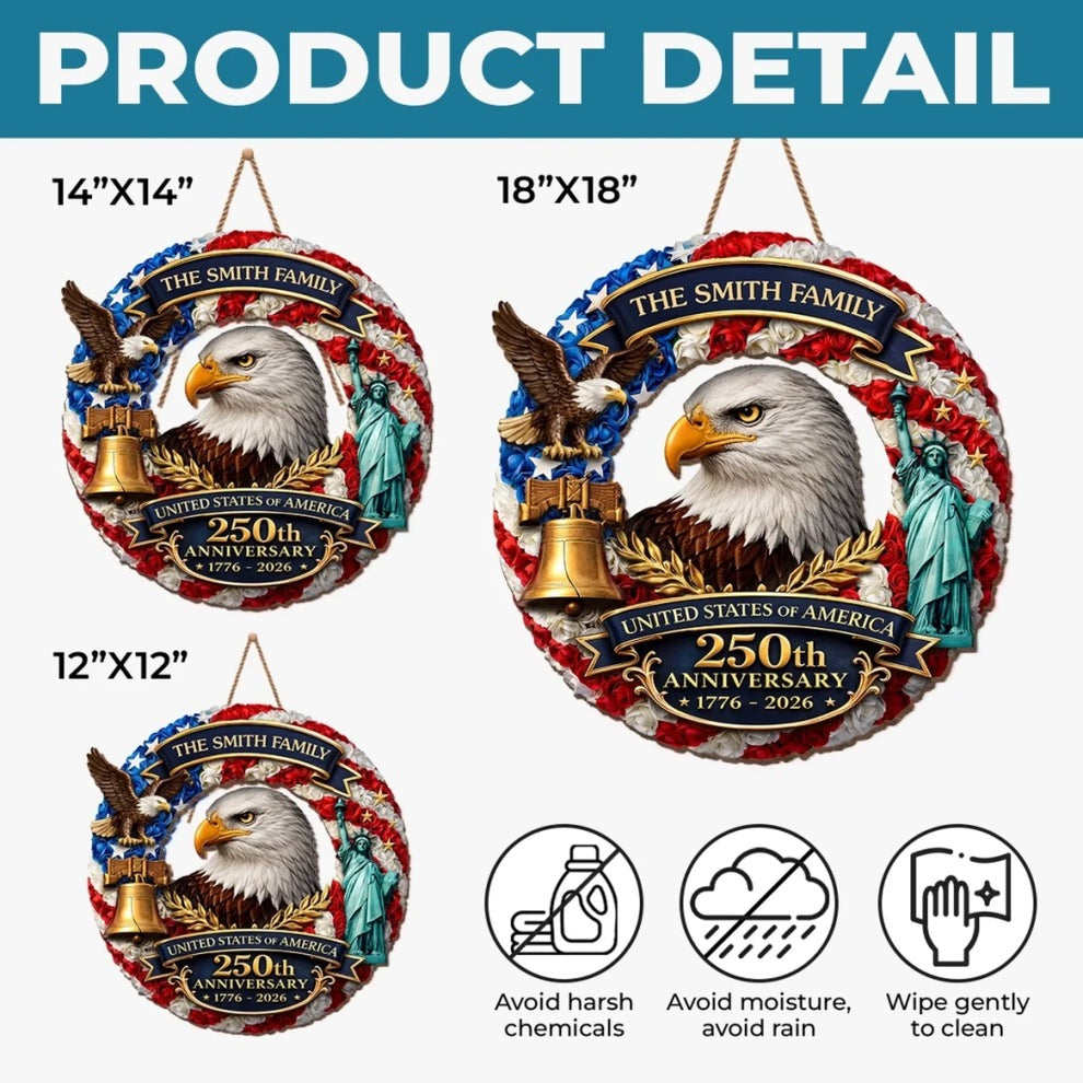 Personalized USA 250th Anniversary Eagle Wreath Door Hanger (1776–2026)