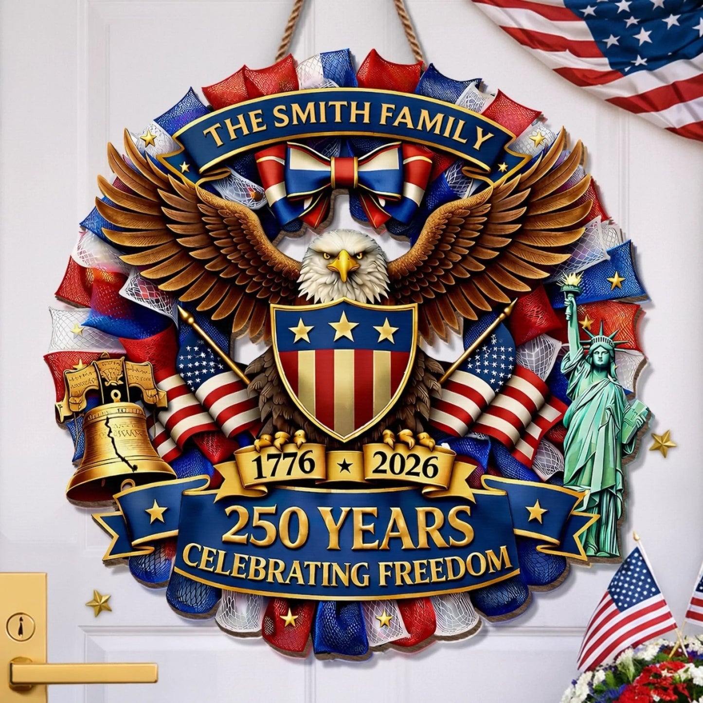 Personalized Patriotic Eagle Mesh Wreath – 250 Years 1776–2026 Family Name Sign