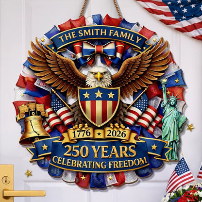 Personalized Patriotic Eagle Mesh Wreath – 250 Years 1776–2026 Family Name Sign