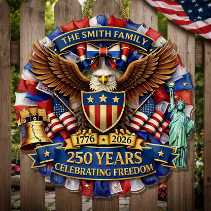 Personalized Patriotic Eagle Mesh Wreath – 250 Years 1776–2026 Family Name Sign