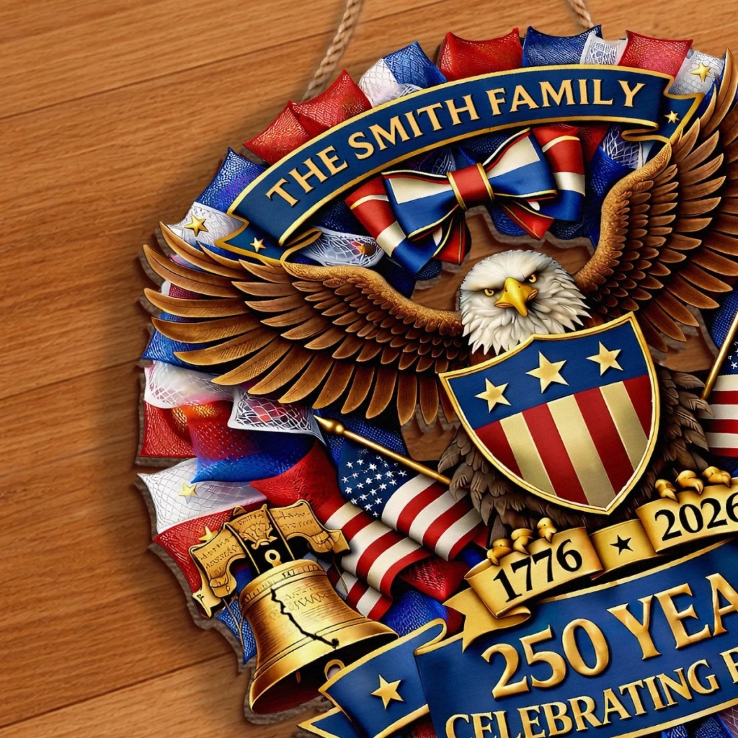 Personalized Patriotic Eagle Mesh Wreath – 250 Years 1776–2026 Family Name Sign