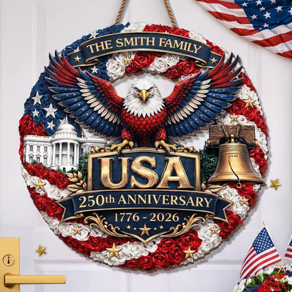 Personalized Patriotic Floral Wreath – USA 250th Anniversary Door Sign
