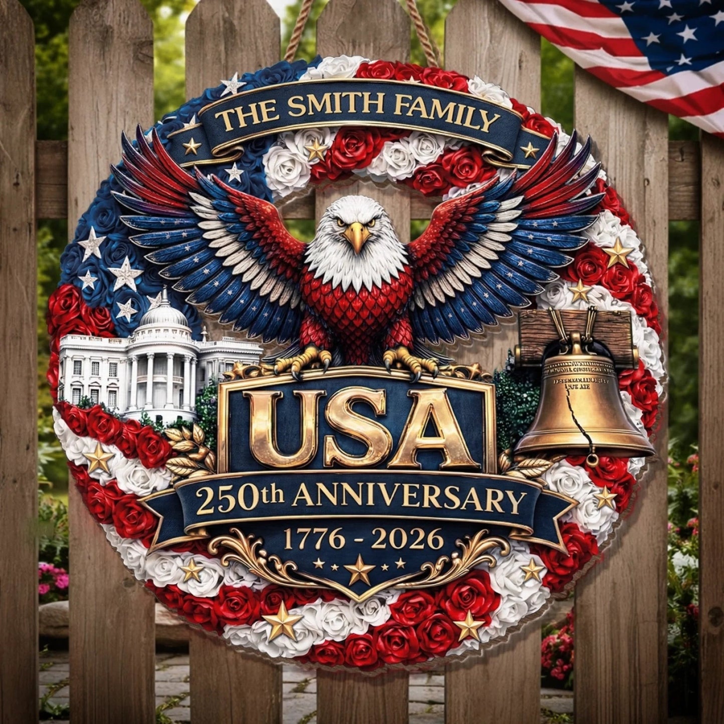 Personalized Patriotic Floral Wreath – USA 250th Anniversary Door Sign