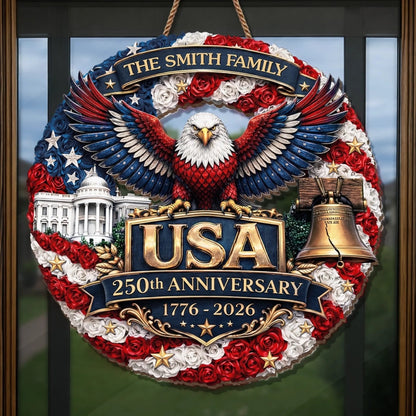 Personalized Patriotic Floral Wreath – USA 250th Anniversary Door Sign