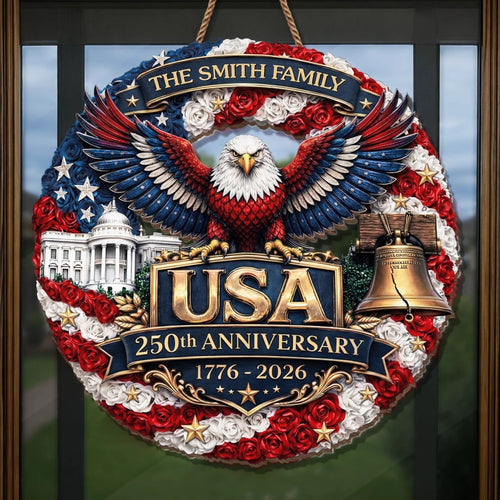 Personalized Patriotic Floral Wreath – USA 250th Anniversary Door Sign