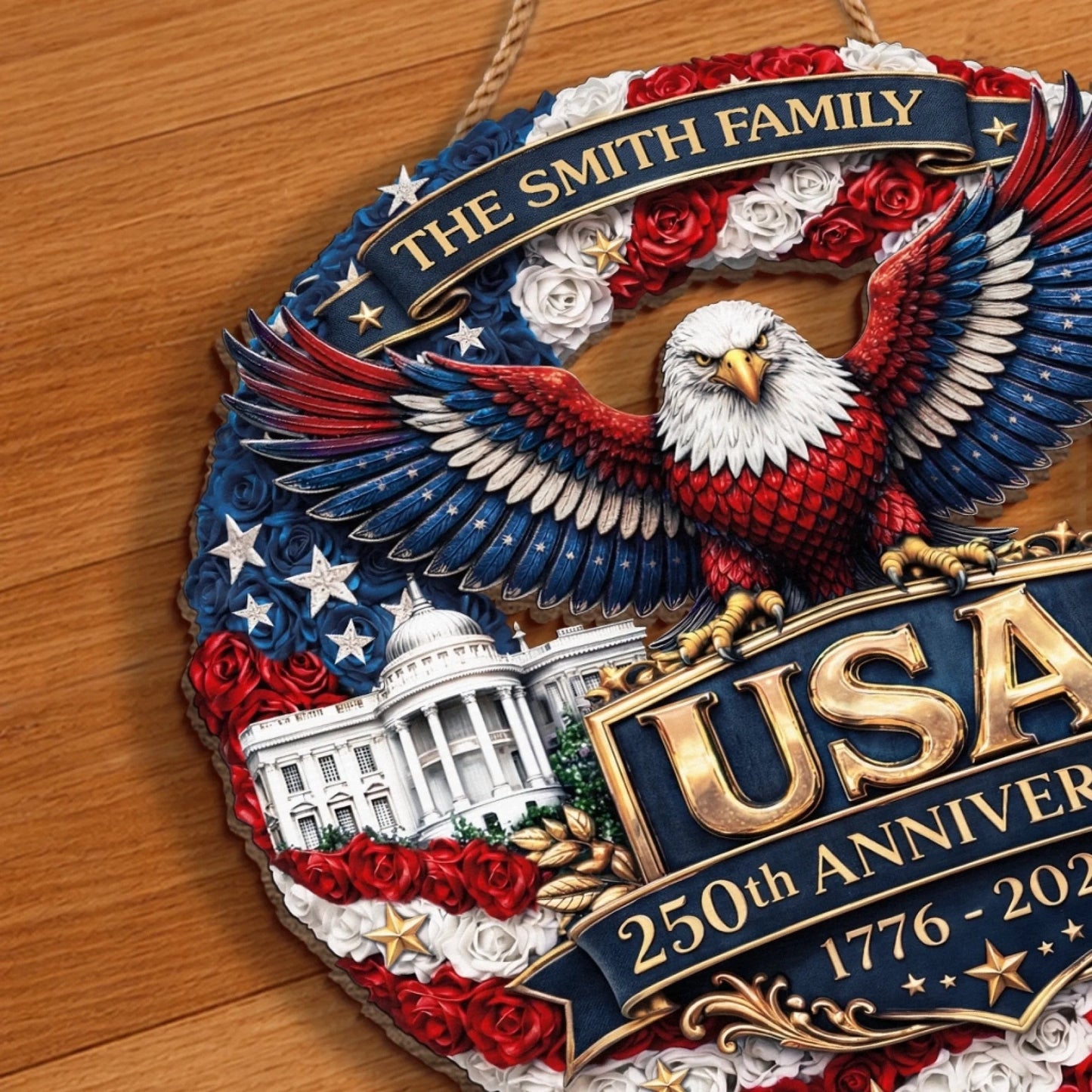 Personalized Patriotic Floral Wreath – USA 250th Anniversary Door Sign