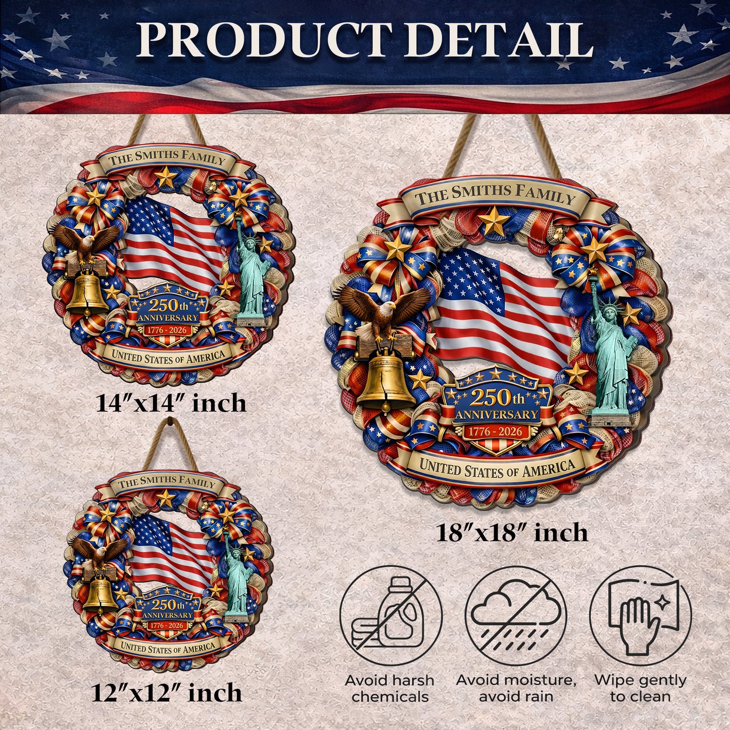 Personalized Patriotic 250th Anniversary - Stars and Stripes Wreath" Wood Sign