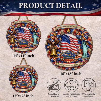 Personalized Patriotic 250th Anniversary - Stars and Stripes Wreath" Wood Sign