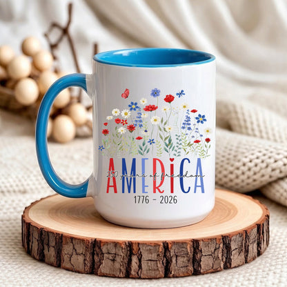America 250 Years Floral Freedom Mug – Patriotic Wildflower Design (1776–2026)