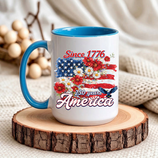 Since 1776 America 250 Years Mug – Patriotic Flag & Floral Eagle Design