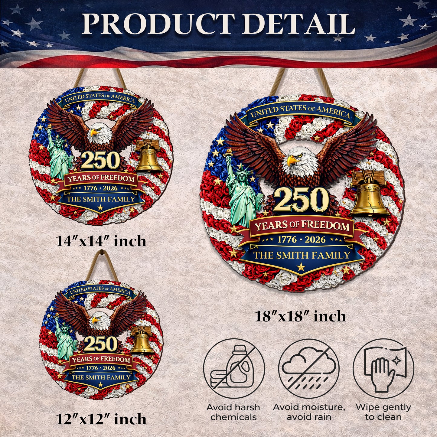Personalized 250 Years of Freedom - Liberty Bell & Eagle Wreat Wood Sign
