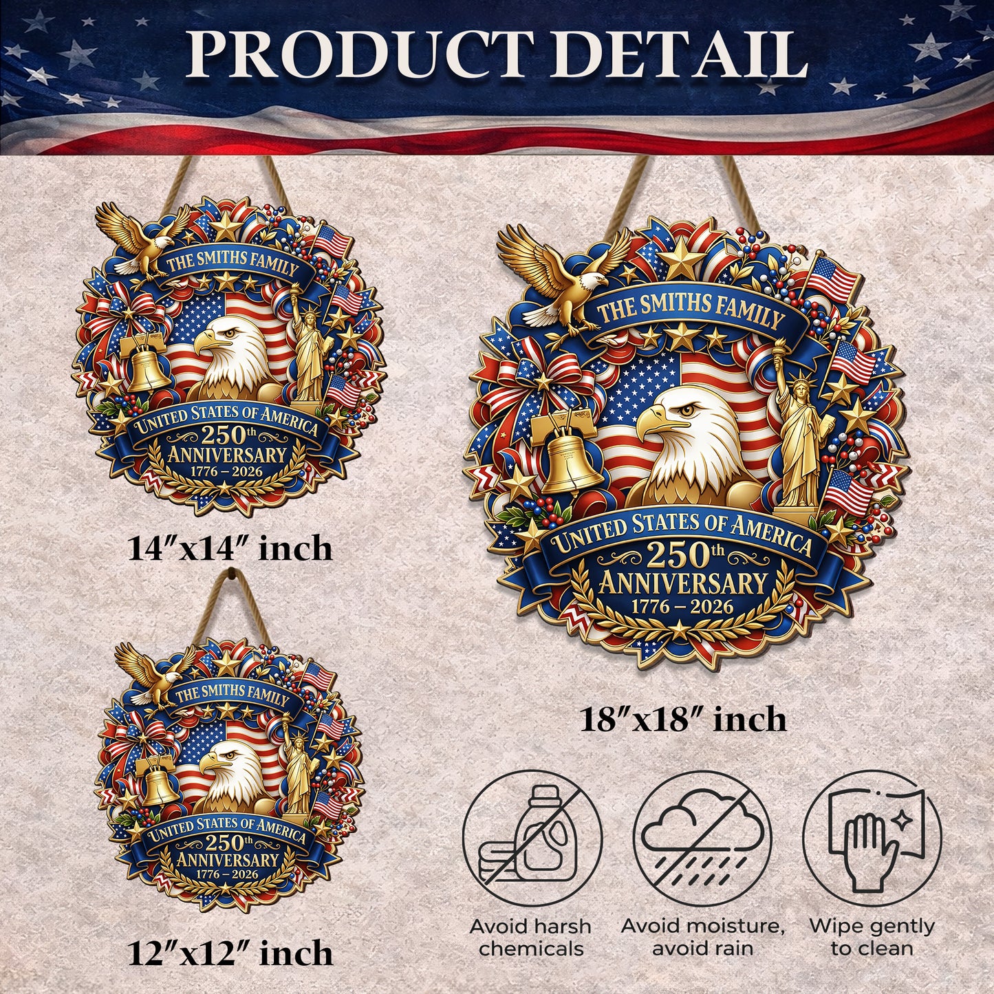 Personalized Wooden Door Sign: United States 250th Anniversary Patriotic Eagle Statue of Liberty Decor