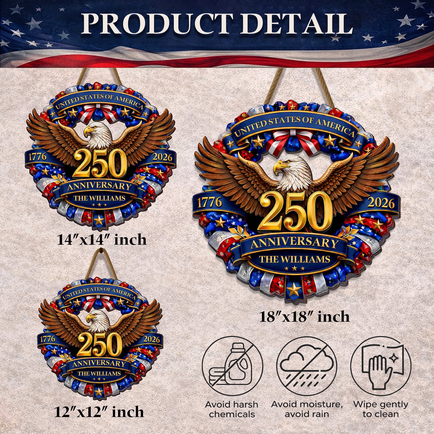 Personalized 250th Anniversary of America - Eagle & Stars Wreath Wood Sign