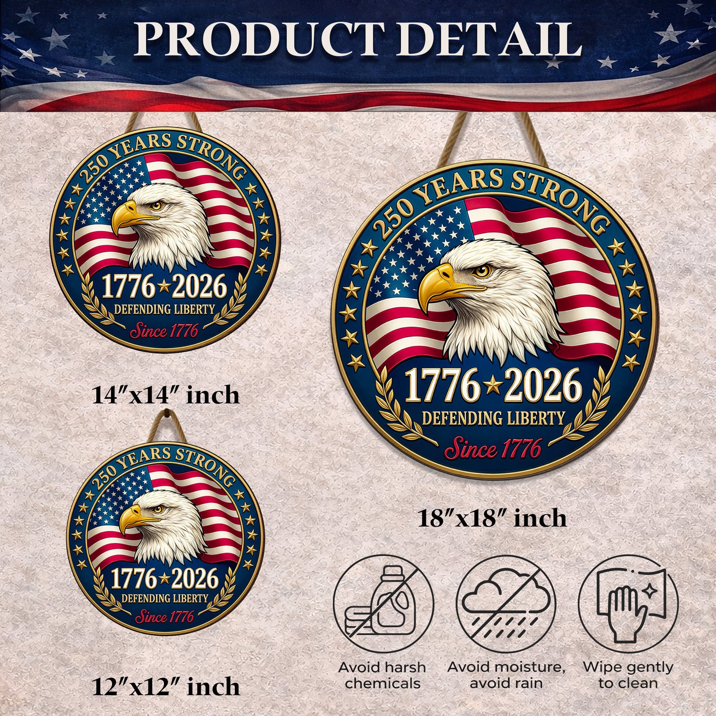 USA 250th Anniversary Wooden Sign: Patriotic Eagle Door Hanger, 1776-2026 Decor