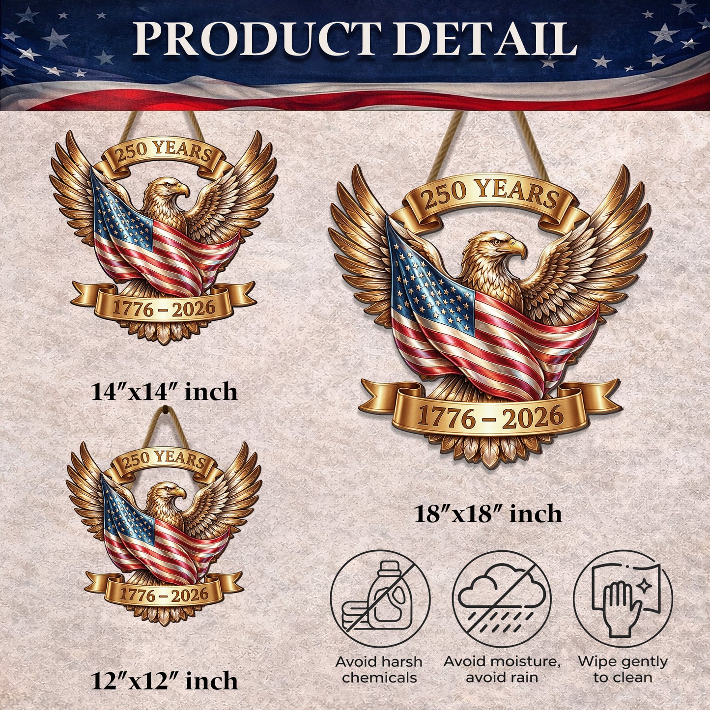 Rustic Wooden USA 250th Sign: Patriotic Eagle Wall Decor 1776-2026, Semiquincentennial Door Hanger