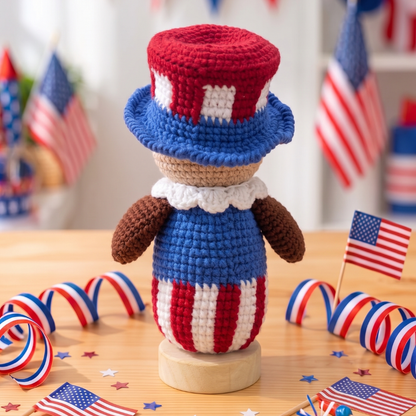 Handmade USA 250th Anniversary Crochet Eagle Doll with Wooden Base – Patriotic Desk Decor, Car Decor & Gift