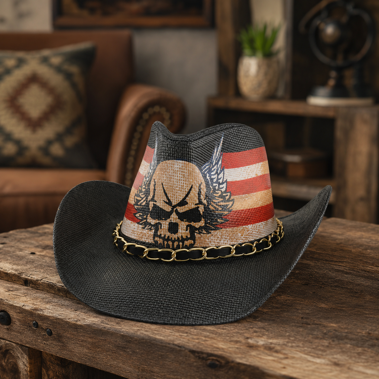 Patriotic Skull Cowboy Fedora Hat, USA Western Biker