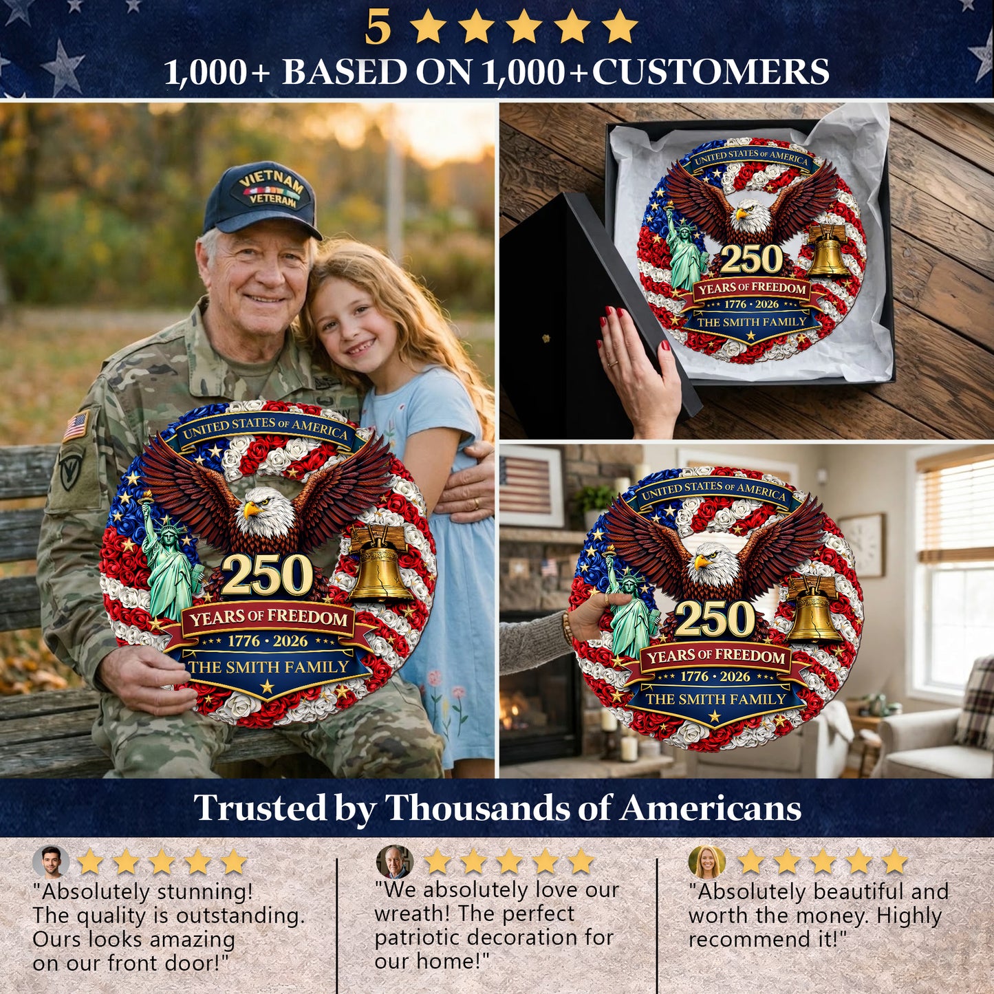 Personalized 250 Years of Freedom - Liberty Bell & Eagle Wreat Wood Sign
