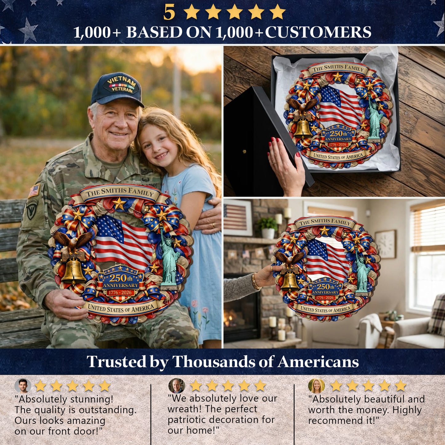 Personalized Patriotic 250th Anniversary - Stars and Stripes Wreath" Wood Sign