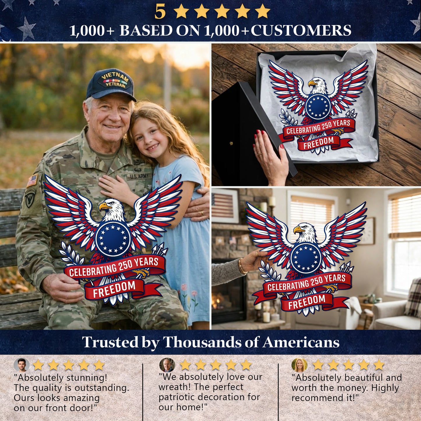 Celebrating 250 Years Freedom Wooden Sign: Patriotic Eagle Shaped Door Hanger