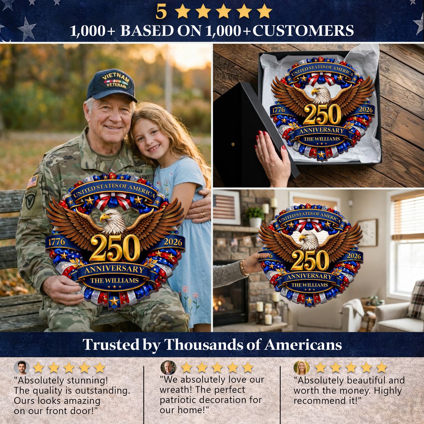 Personalized 250th Anniversary of America - Eagle & Stars Wreath Wood Sign