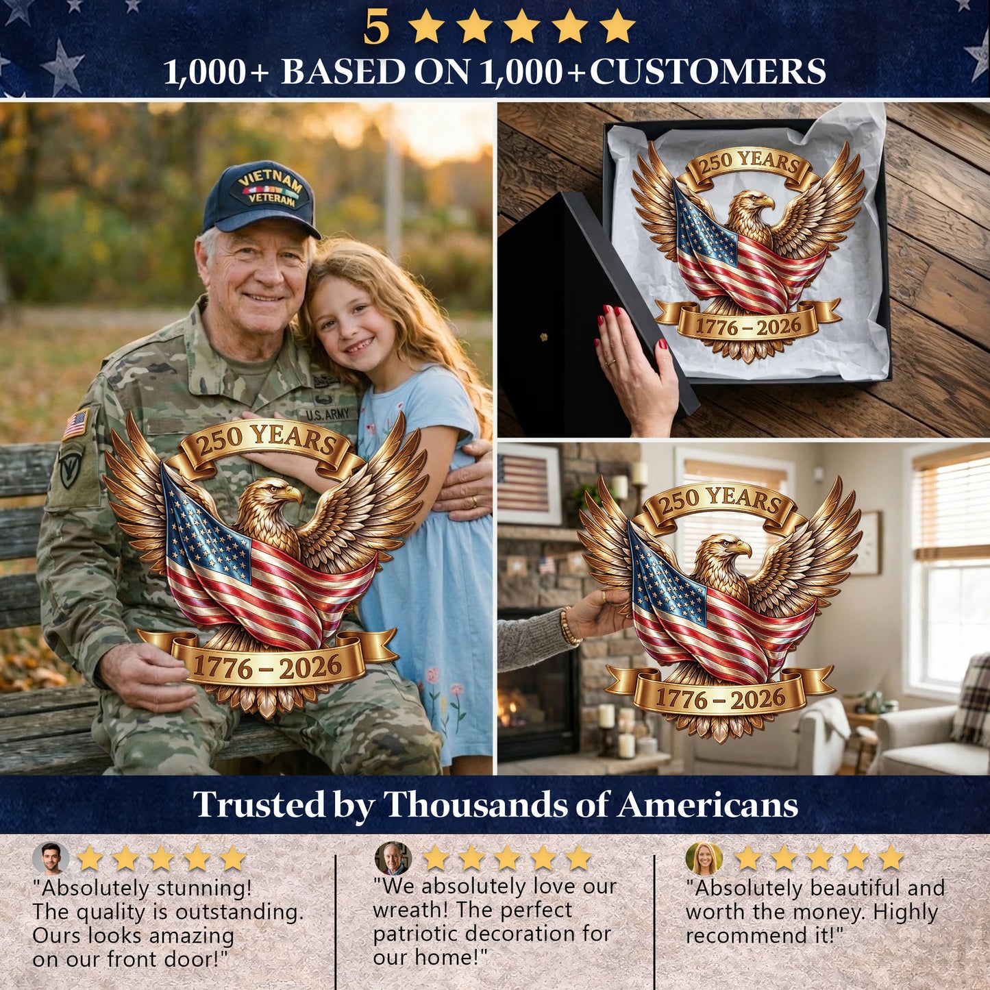 Rustic Wooden USA 250th Sign: Patriotic Eagle Wall Decor 1776-2026, Semiquincentennial Door Hanger