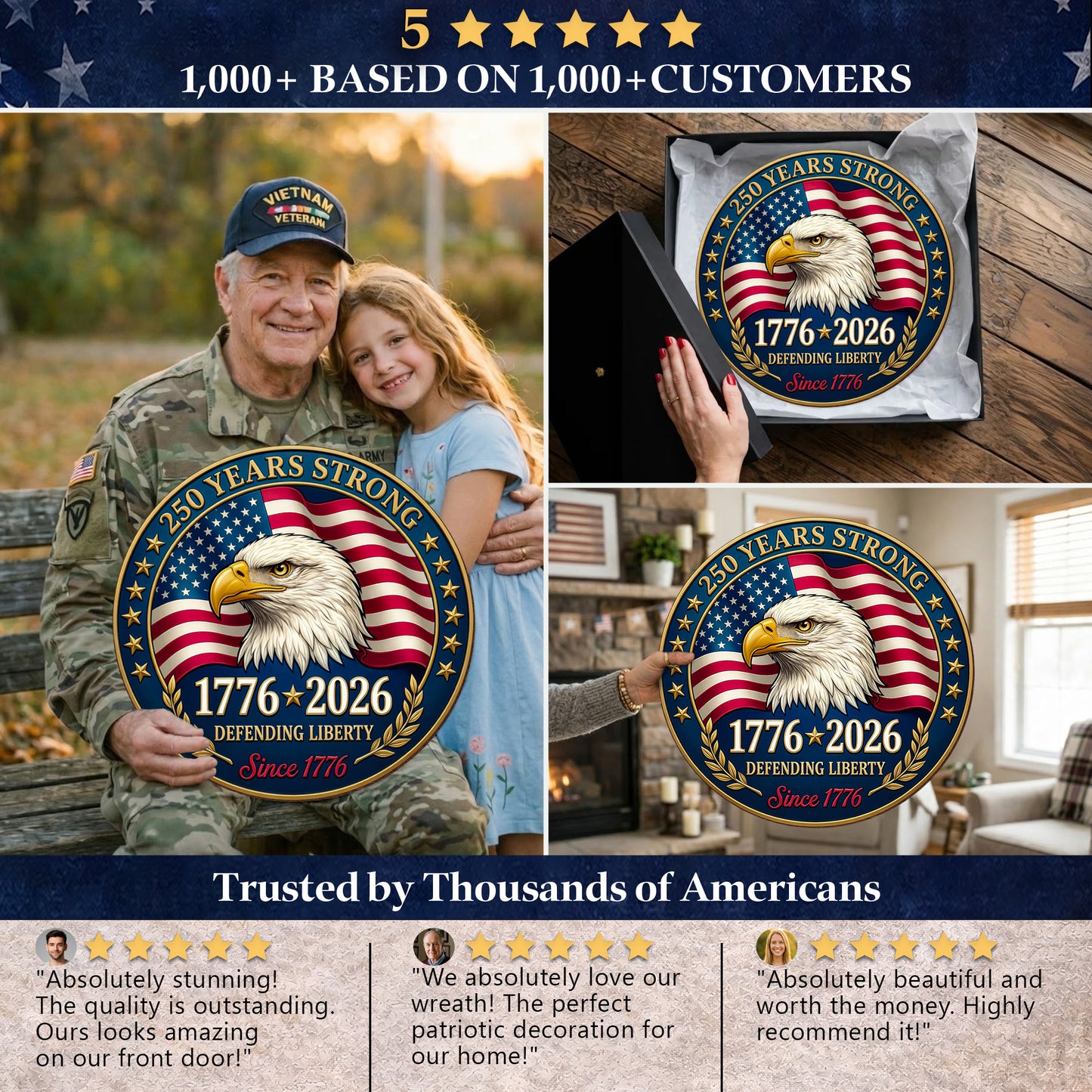 USA 250th Anniversary Wooden Sign: Patriotic Eagle Door Hanger, 1776-2026 Decor