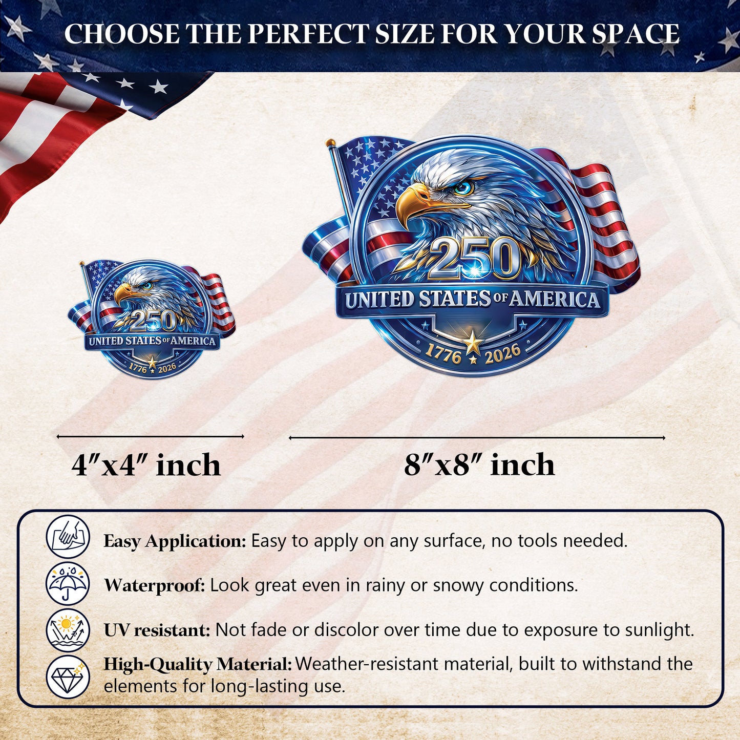 [NEW] Waterproof USA 250th Anniversary Eagle Emblem Decal – United States 1776–2026