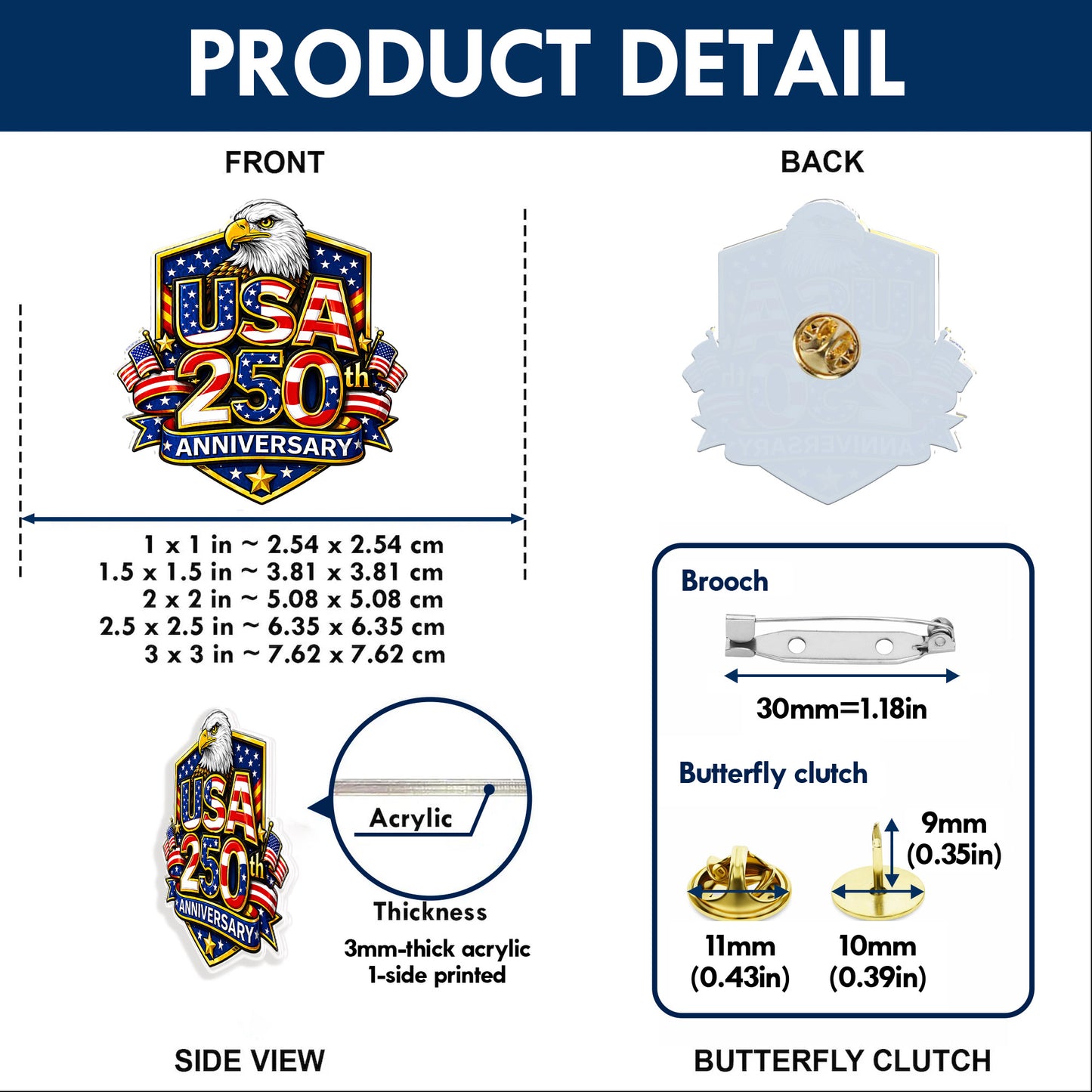 250 Years of USA Eagle Crest Pin – Bold Patriotic Lapel Accessory for Jackets, Hats & Bags