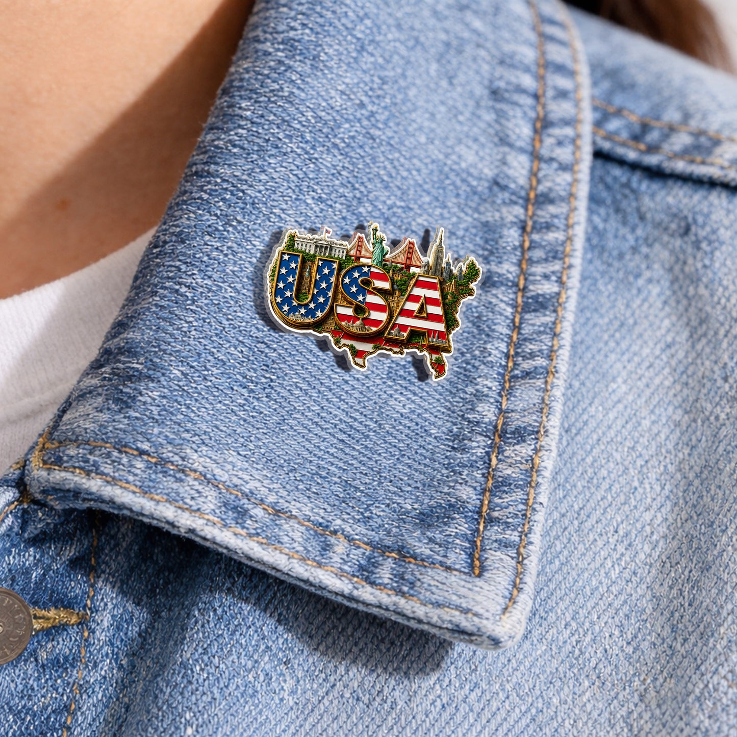 USA Flag Landmark – Bold Patriotic Lapel Accessory for Jackets, Hats & Bags
