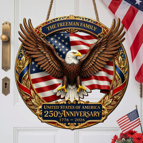 Personalized 250th Anniversary of America - Eagle and Flag Emblem Wood Sign