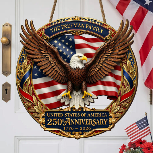 Personalized 250th Anniversary of America - Eagle and Flag Emblem Wood Sign