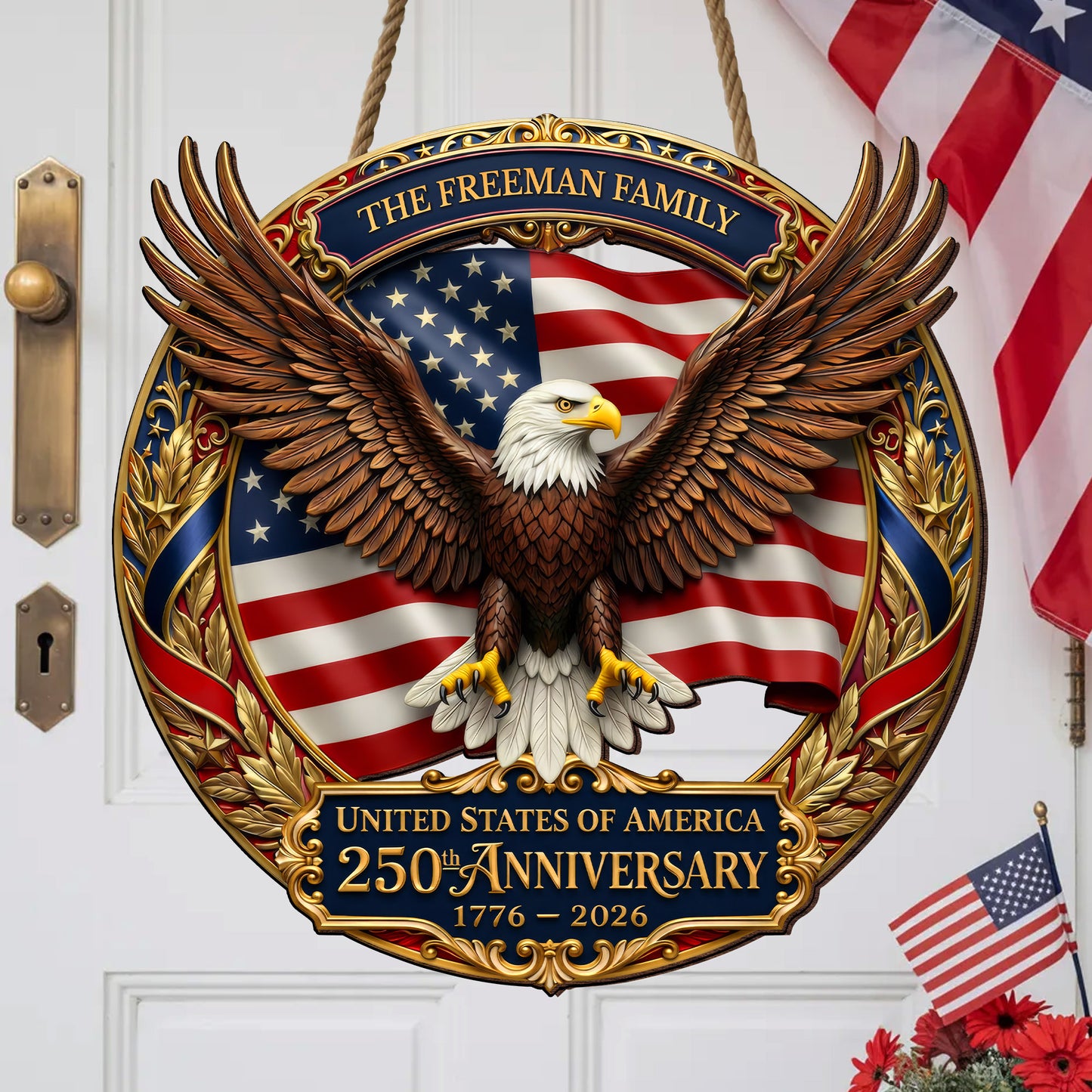 Personalized - Patriotic Front Door Decor Gift Personalized American Eagle Family Name Sign Celebrating 250 Years of Freedom