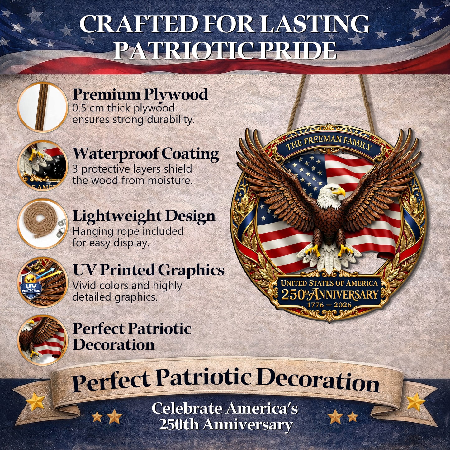 Personalized 250th Anniversary of America - Eagle and Flag Emblem Wood Sign