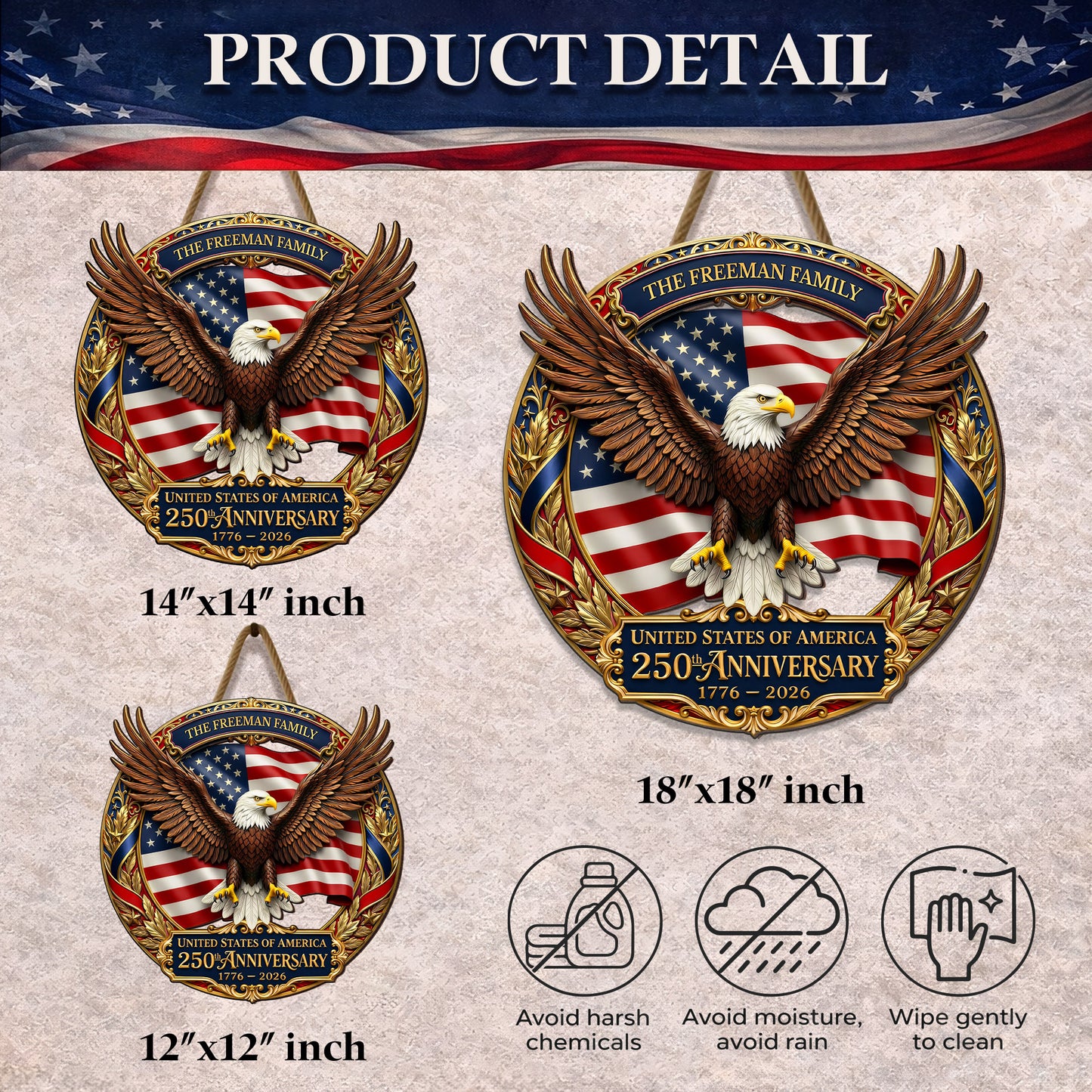 Personalized 250th Anniversary of America - Eagle and Flag Emblem Wood Sign