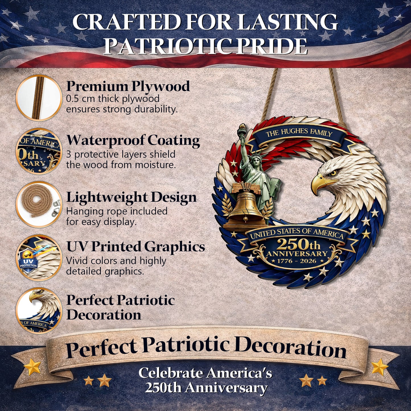 Personalized Patriotic Eagle Feather Door Wreath – USA 250th Anniversary (1776–2026)