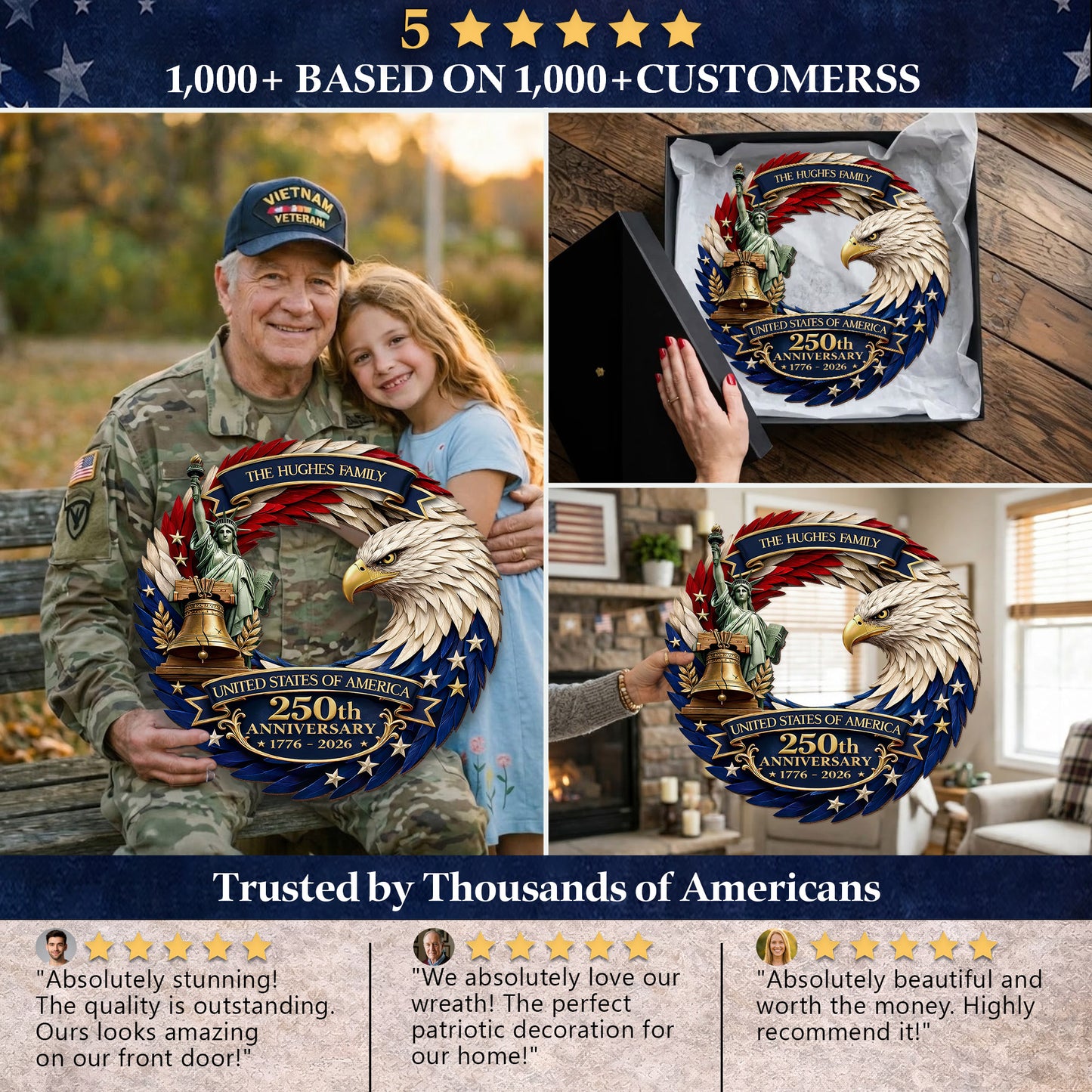 Personalized Patriotic Eagle Feather Door Wreath – USA 250th Anniversary (1776–2026)
