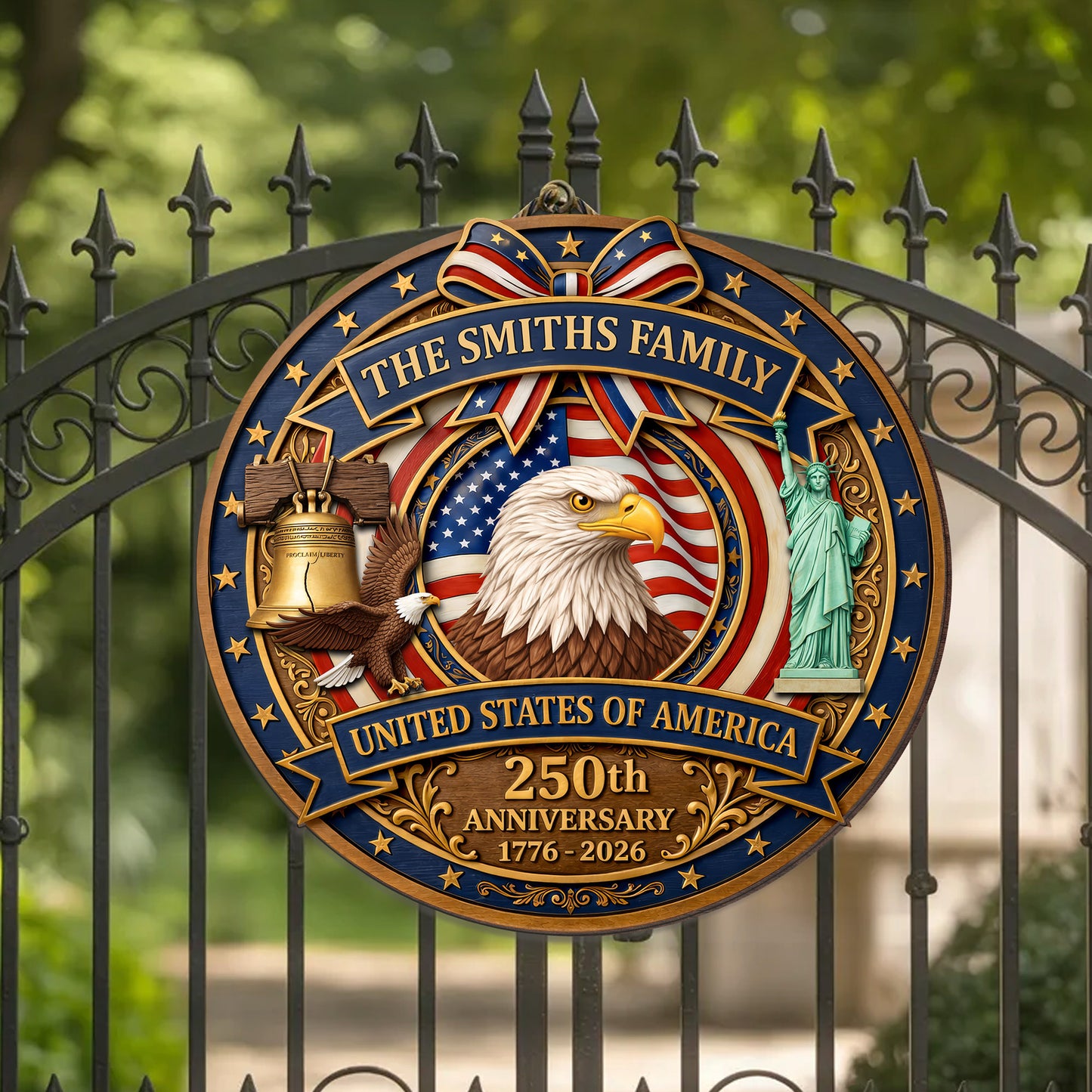 Personalized - Patriotic Home Decor Gift Custom Family Name USA Eagle Liberty Bell Sign Honoring America’s 250th Anniversary