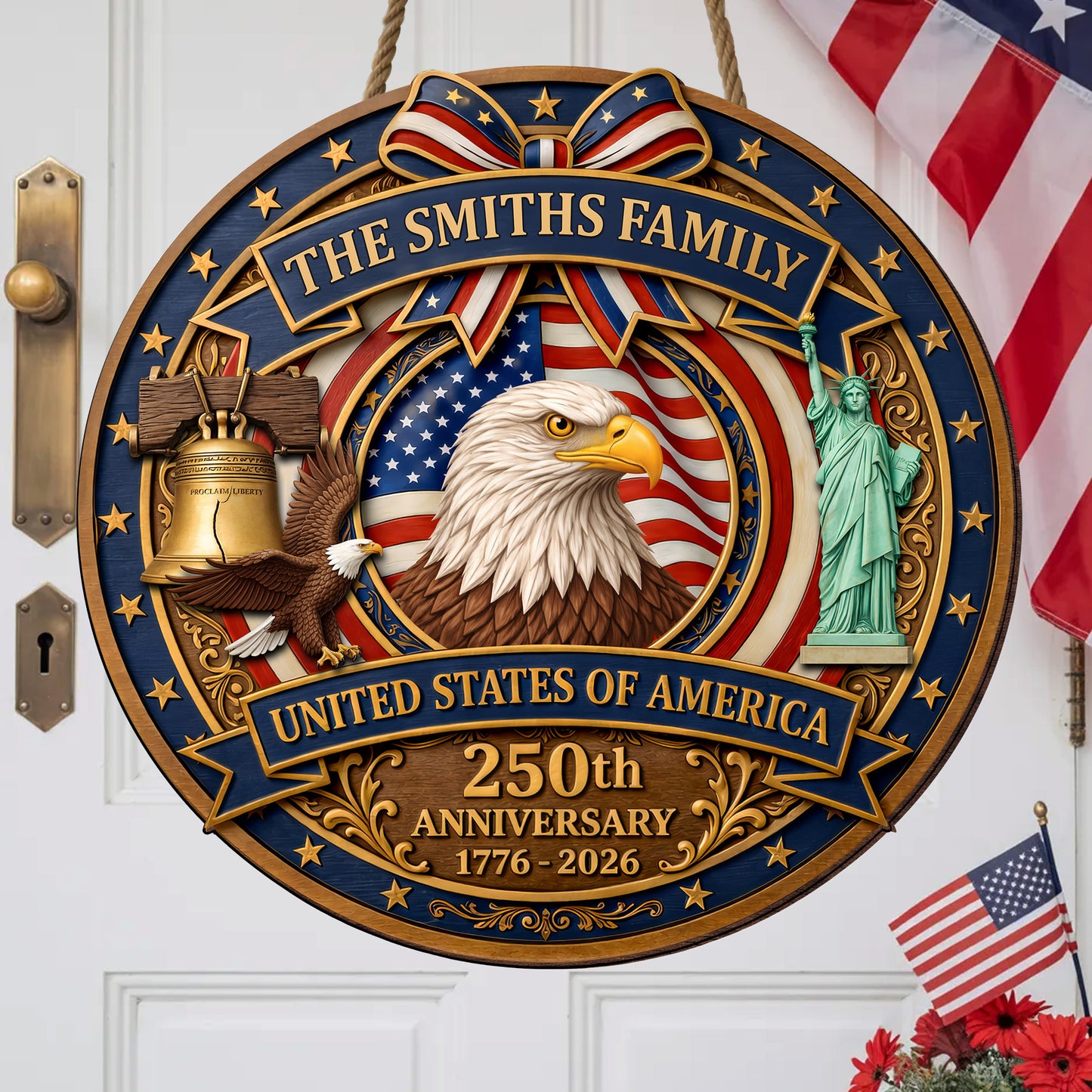 Personalized - Patriotic Home Decor Gift Custom Family Name USA Eagle Liberty Bell Sign Honoring America’s 250th Anniversary
