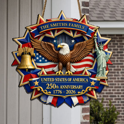 Personalized Wood Sign 250th Anniversary Gift for Family 1776-2026 Patriotic Eagle