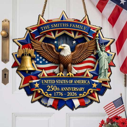 Personalized Wood Sign 250th Anniversary Gift for Family 1776-2026 Patriotic Eagle