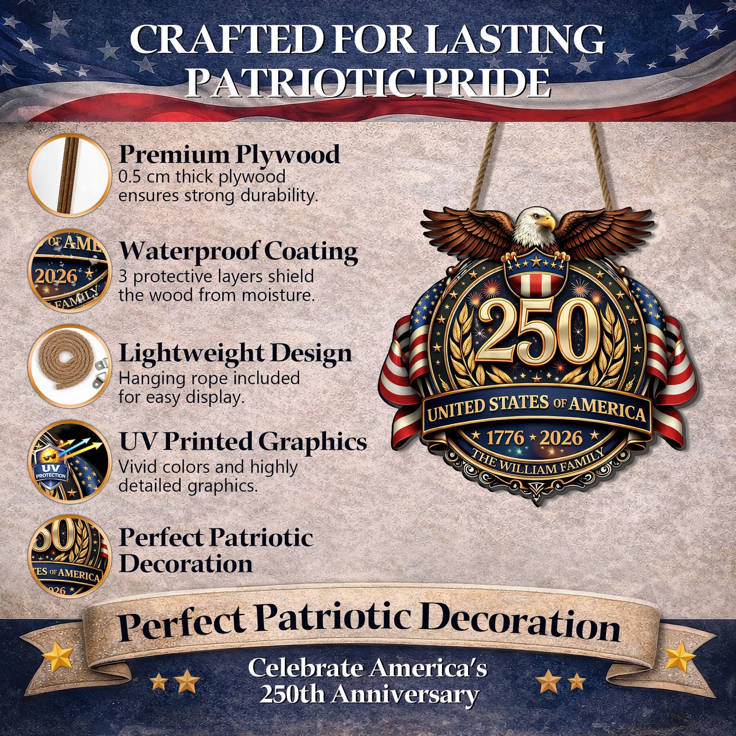 Personalized USA 250 Door Hanger – Eagle Crest Family Name (1776–2026)