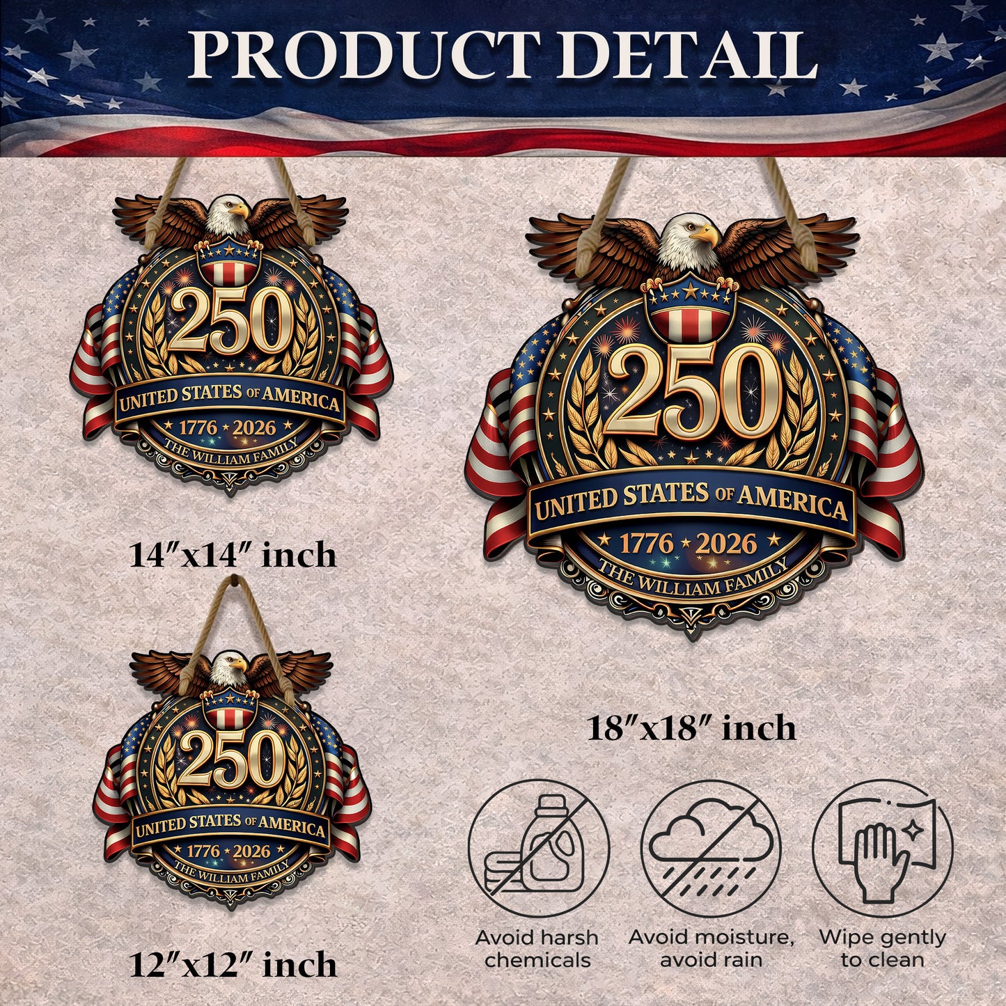 Personalized USA 250 Door Hanger – Eagle Crest Family Name (1776–2026)