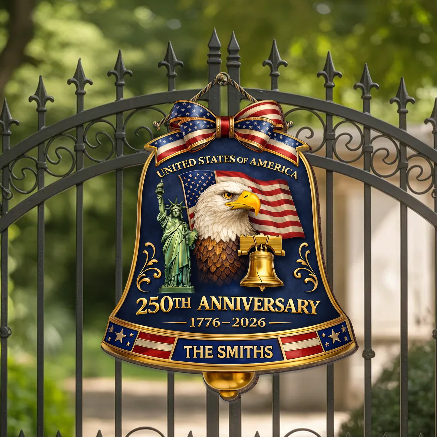 Personalized USA 250th Anniversary Bell Door Hanger – Custom Family Name (1776–2026)