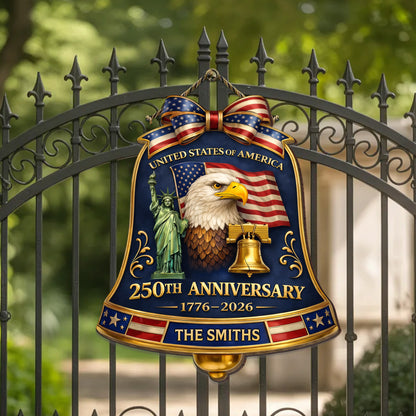 Personalized USA 250th Anniversary Bell Door Hanger – Custom Family Name (1776–2026)