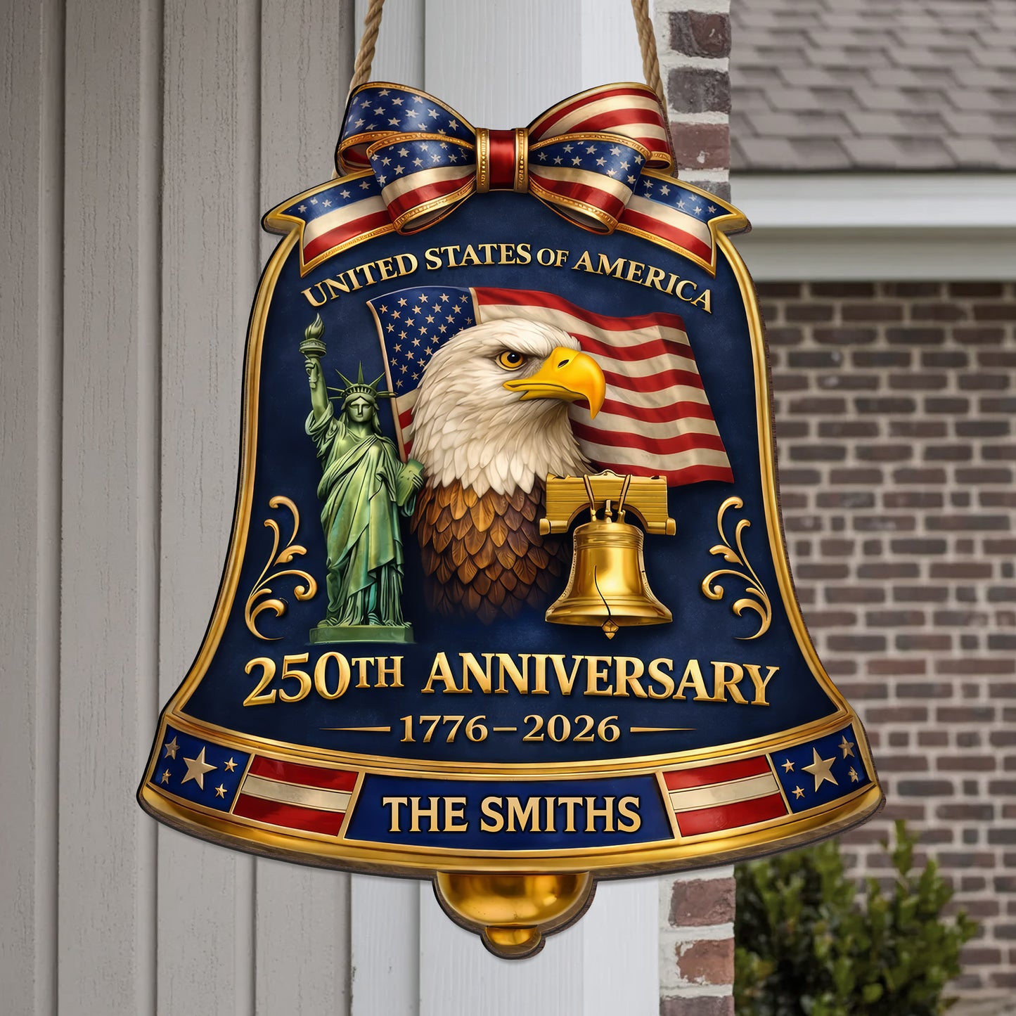 Personalized USA 250th Anniversary Bell Door Hanger – Custom Family Name (1776–2026)