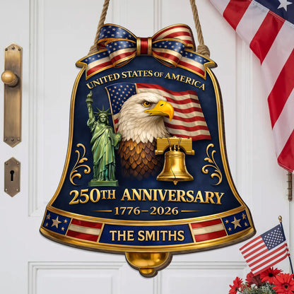 Personalized USA 250th Anniversary Bell Door Hanger – Custom Family Name (1776–2026)