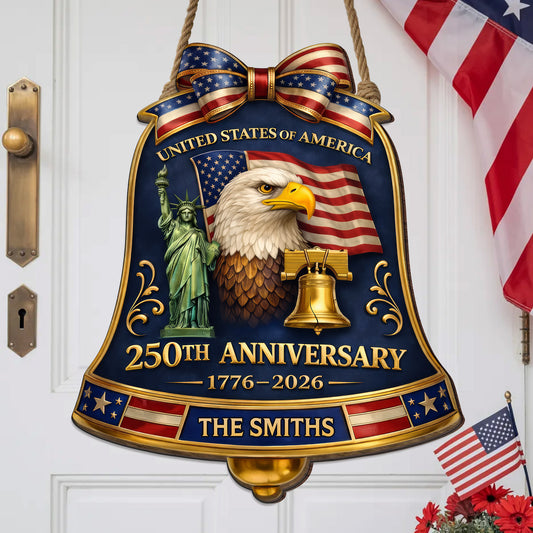 Personalized USA 250th Anniversary Bell Door Hanger – Custom Family Name (1776–2026)