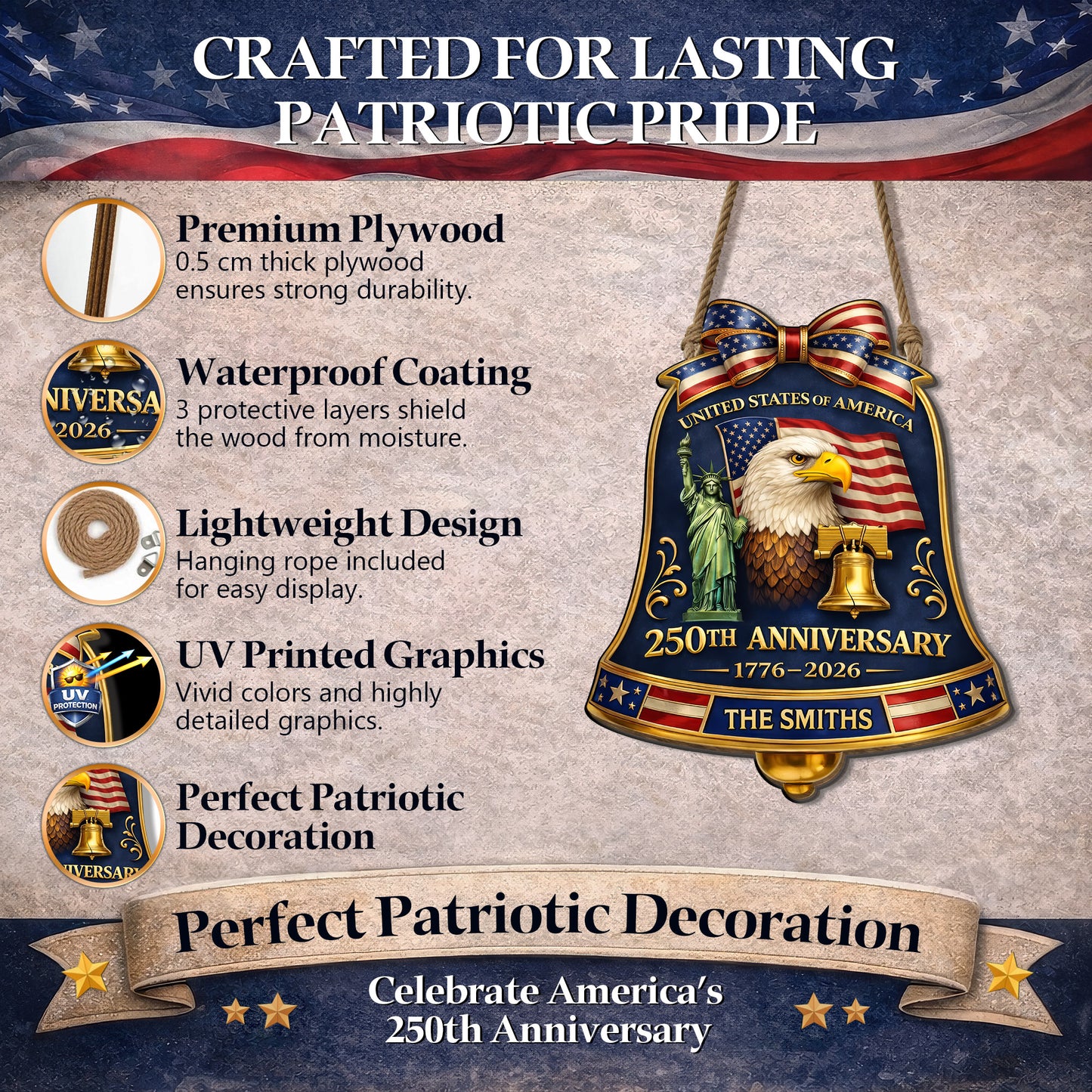 Personalized USA 250th Anniversary Bell Door Hanger – Custom Family Name (1776–2026)